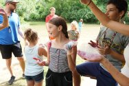 Camper playing with bubbles