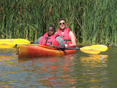 Young campers kayaking.